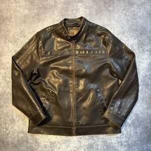 BKE Mens Faux Leather Moto Jacket Brown Distressed Full Zip Size L